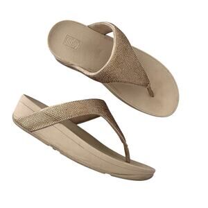 FitFlop Women's Lulu Crystal Embellished Toe-Post Wedge Sandals Latte Beige 8 US